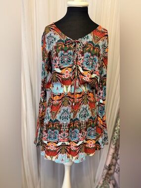 Kenneth Cole New York Boho Floral Dress Lace Up Bell Sleeve Multicolor